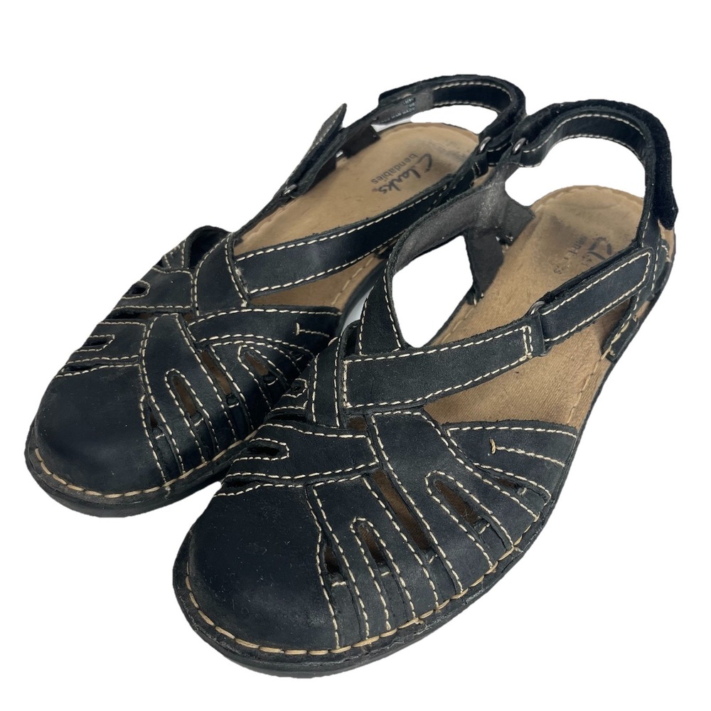Clarks Bendables Women's Ina Black Fisherman Sandals Shoes Size 9.5 M Adjustable